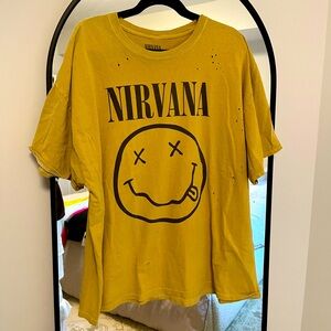 Nirvana Distressed T-Shirt Dress Urban Outfitters Yellow Smiley Face Tee